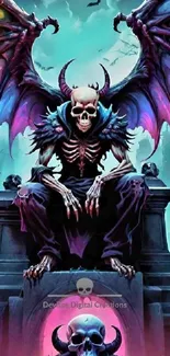 Vibrant gothic artwork of skeletal figure with colorful wings.