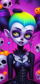 Gothic cartoon character with skulls and pumpkins in vibrant colors.