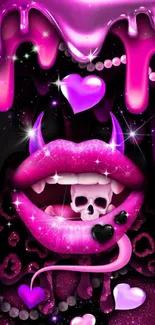 Vibrant gothic pink phone wallpaper with lips and hearts.