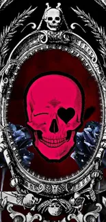 Mobile wallpaper with pink skull in gothic design.