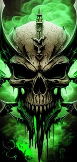 Gothic skull wallpaper with electric green hues and intricate armor details.