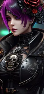 Gothic character with purple hair in dark, ornate attire, glowing vibrant hues.