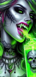 Gothic vampire with neon green drink and dark makeup.