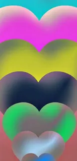 Colorful heart-shaped gradient layers wallpaper with vibrant hues on a mobile screen.