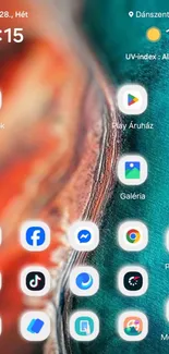 Teal and orange wallpaper with app icons.