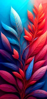 Vibrant gradient leaf art in blue and red hues for mobile wallpaper.