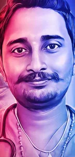 Colorful gradient portrait of a young man in purple tones.