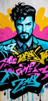 Vibrant urban graffiti art with stylish portrait and colorful design.