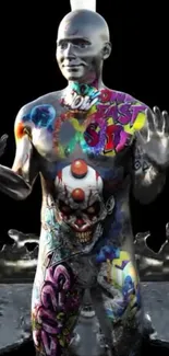 Colorful graffiti art on a statue with a dark backdrop.