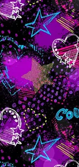 Vibrant graffiti art wallpaper with stars and hearts.