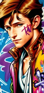 Young man in vibrant graffiti art style with blue, pink, and brown colors.