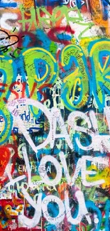 Vibrant graffiti art wallpaper with bold colors and urban text design.