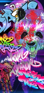 Colorful graffiti art with panda and neon hues on a dark background.