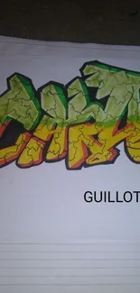 Graffiti art in yellow and green hues on paper.