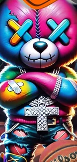 Vibrant graffiti bear artwork wallpaper in bold colors.