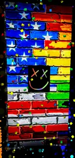 Vibrant brick wall graffiti with colorful design and smiley face on black background.