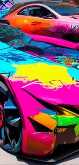 Vibrant graffiti sports cars in pink, blue, and yellow hues.