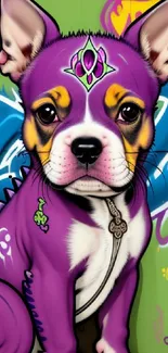 Purple dog graffiti art with vibrant urban design.