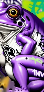 Purple graffiti frog with vibrant urban background.