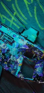 Graffiti-themed gun art on a cyan background, vibrant and dynamic.