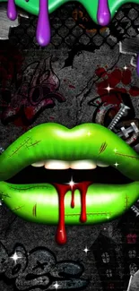 Colorful graffiti wallpaper with green lips and vibrant drips.