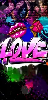 Vibrant graffiti love art with bold colors and artistic elements for mobile wallpaper.