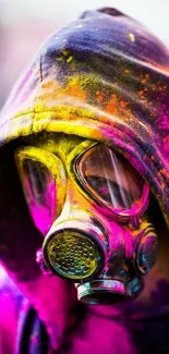 Person with colorful gas mask in vibrant graffiti style hoodie.