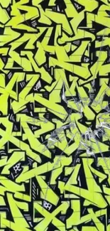 Vibrant yellow graffiti pattern with black accents and shattered glass effect.