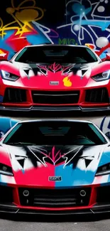 Vibrant sports cars with graffiti art background.