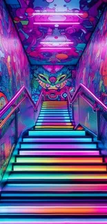 Graffiti staircase with vibrant neon colors and artistic design.