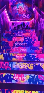 Vibrant neon graffiti staircase with inspirational words.