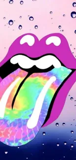 Vibrant graffiti lips with colorful tongue on pink and blue background wallpaper.