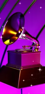 Purple gramophone with stars on abstract background wallpaper.