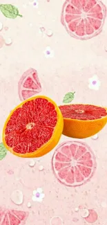 Vibrant grapefruit wallpaper with juicy slices and floral details.