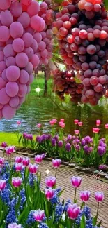 Vibrant grapes hanging above colorful tulips with a serene pond view.