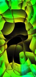 Vibrant green abstract shapes on black background wallpaper.