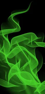 Vibrant green abstract wallpaper with swirling design on black background.