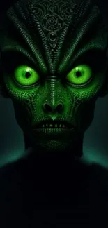 Vibrant green alien with intricate details and glowing eyes.