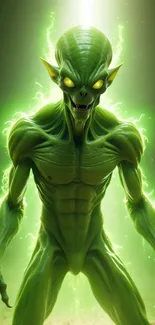 Green alien with glowing energy and intense look in mobile wallpaper.