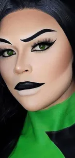 Stylized portrait with green eyes and bold makeup.