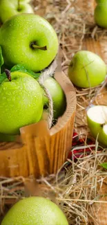 Vibrant green apples in a rustic wooden basket with straw background.