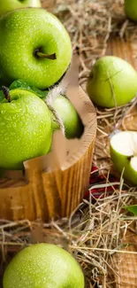 Vibrant green apples arranged in a rustic setting with wooden decor.