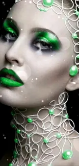 Artistic portrait with vibrant green makeup and abstract design.