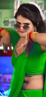 Woman in vibrant green attire with colorful bangles.