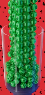 Vibrant wallpaper with green beads on red speckled background.