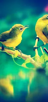 Green birds perched on a branch in a vibrant nature setting.