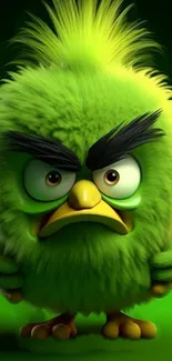 Angry green bird with fluffy feathers on dark background.