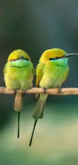 Two vibrant green birds perched on a branch against a natural backdrop.