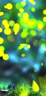 Magical glowing fireflies in a green forest setting, creating a serene ambiance.