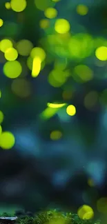 Vibrant wallpaper with green bokeh lights creating a serene, glowing effect.